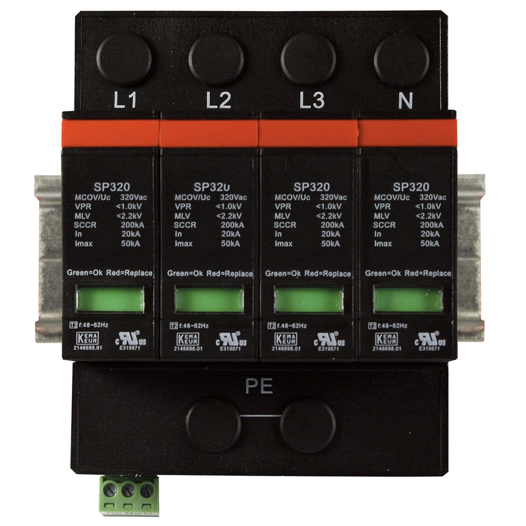 Four pole, including base and pluggable surge protector module with visual indication, DIN rail mount, UL1449 4th Edition, 415Y/240V AC, MCOV 385 V AC