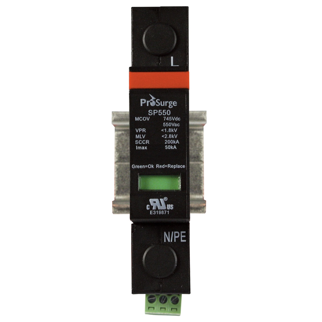 480 Vac Single Pole Surge Protector, DIN Rail Mount, MCOV 550Vac, UL1449, 4th Edition