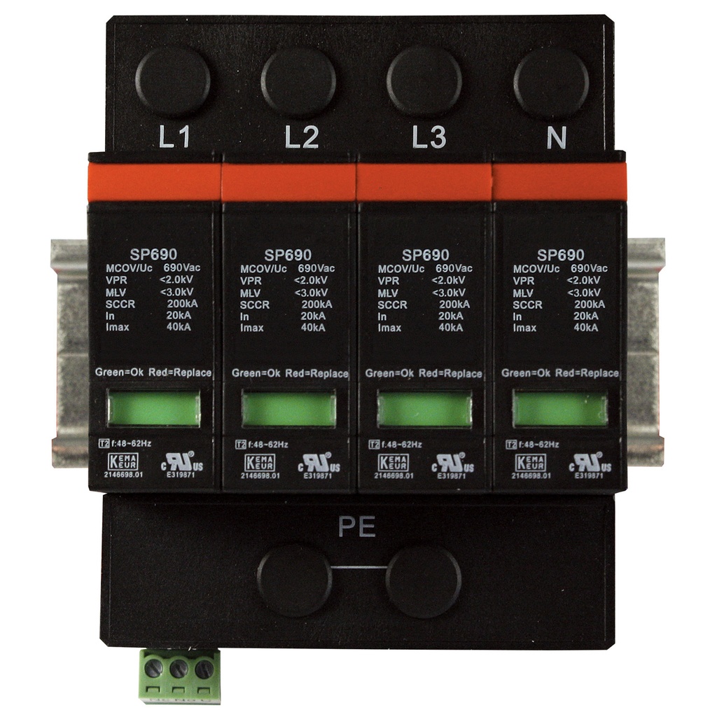 Four pole, including base and pluggable surge protector module with visual indication, DIN rail mount, UL1449 4th Edition, 600/347 Vac, MCOV 690 Vac