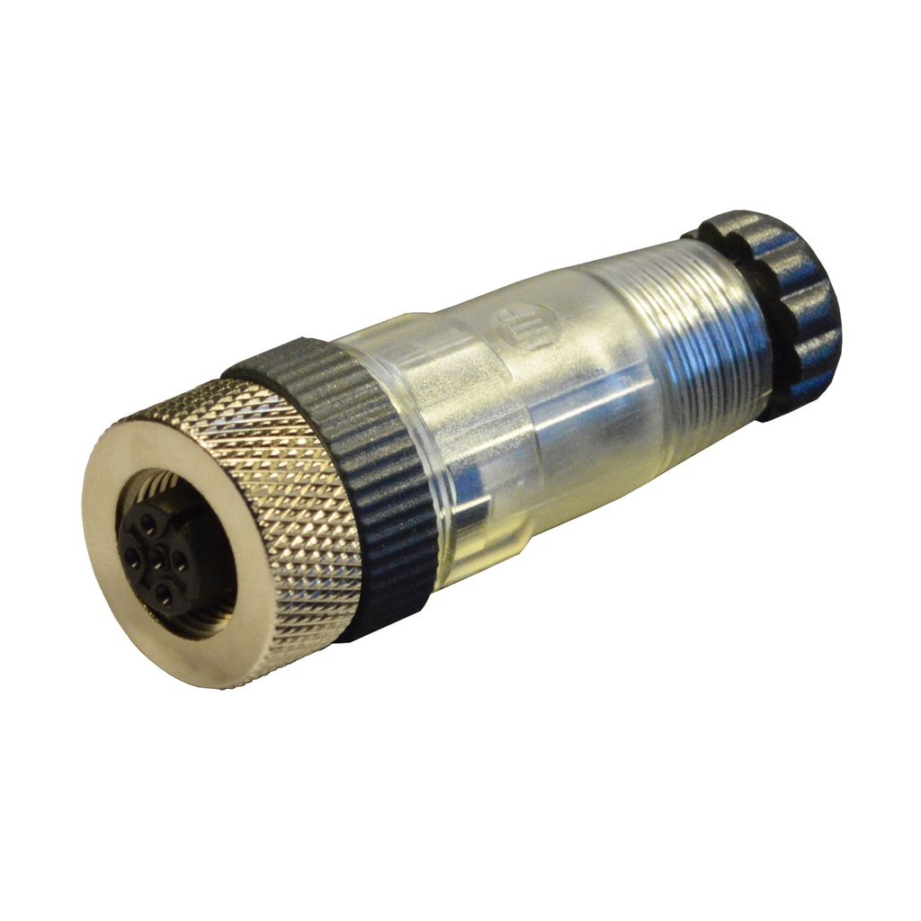 M12 Straight Female field wireable connector with screw terminal, PG7 cable gland, clear, 4 pole