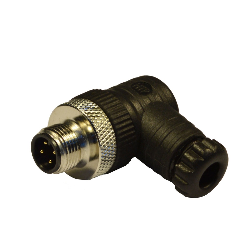 M12 90 Degree Male Field Wireable Connector With Solder Terminals, Pg7 Cable Gland, Black, 4-Pole