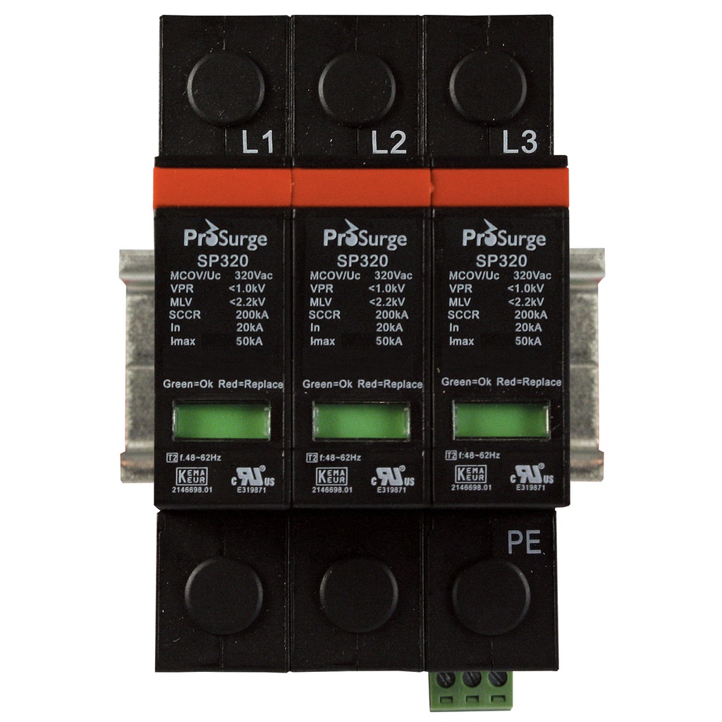 DIN rail surge protector, 3 pole, 800 Vdc, pluggable modules, visual indication, DIN rail mount, UL 1449 4th e