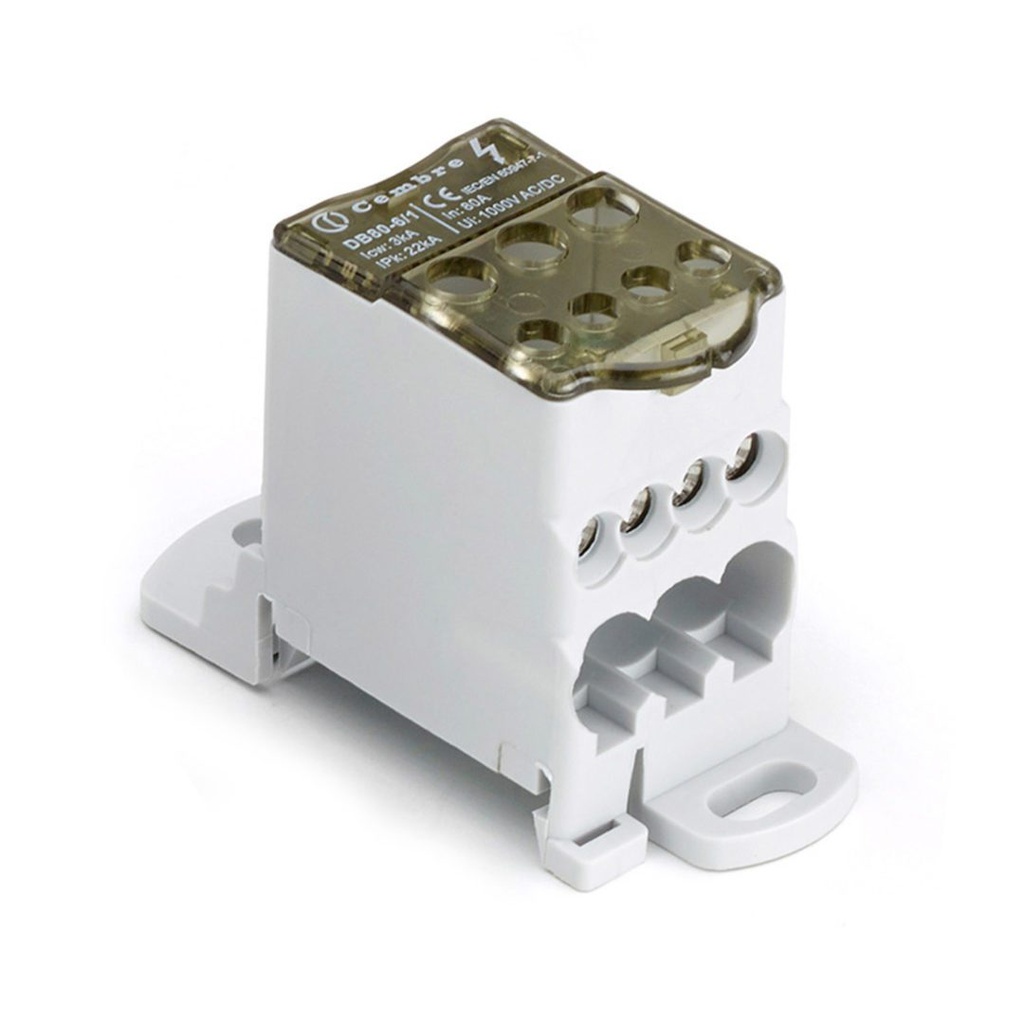 Power Distribution Block, 6 Outputs, 600 V, 85 Amps, Din Rail Mounted