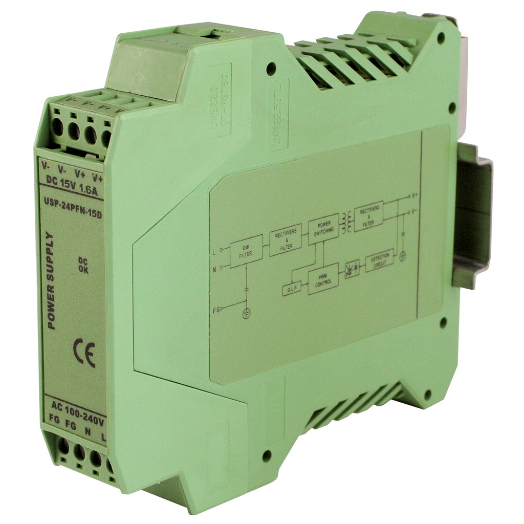 15V DC DIN Rail Power Supply, Compact 17.5mm Housing, 15 Vdc, 1.6A Output, 90-264Vac Input