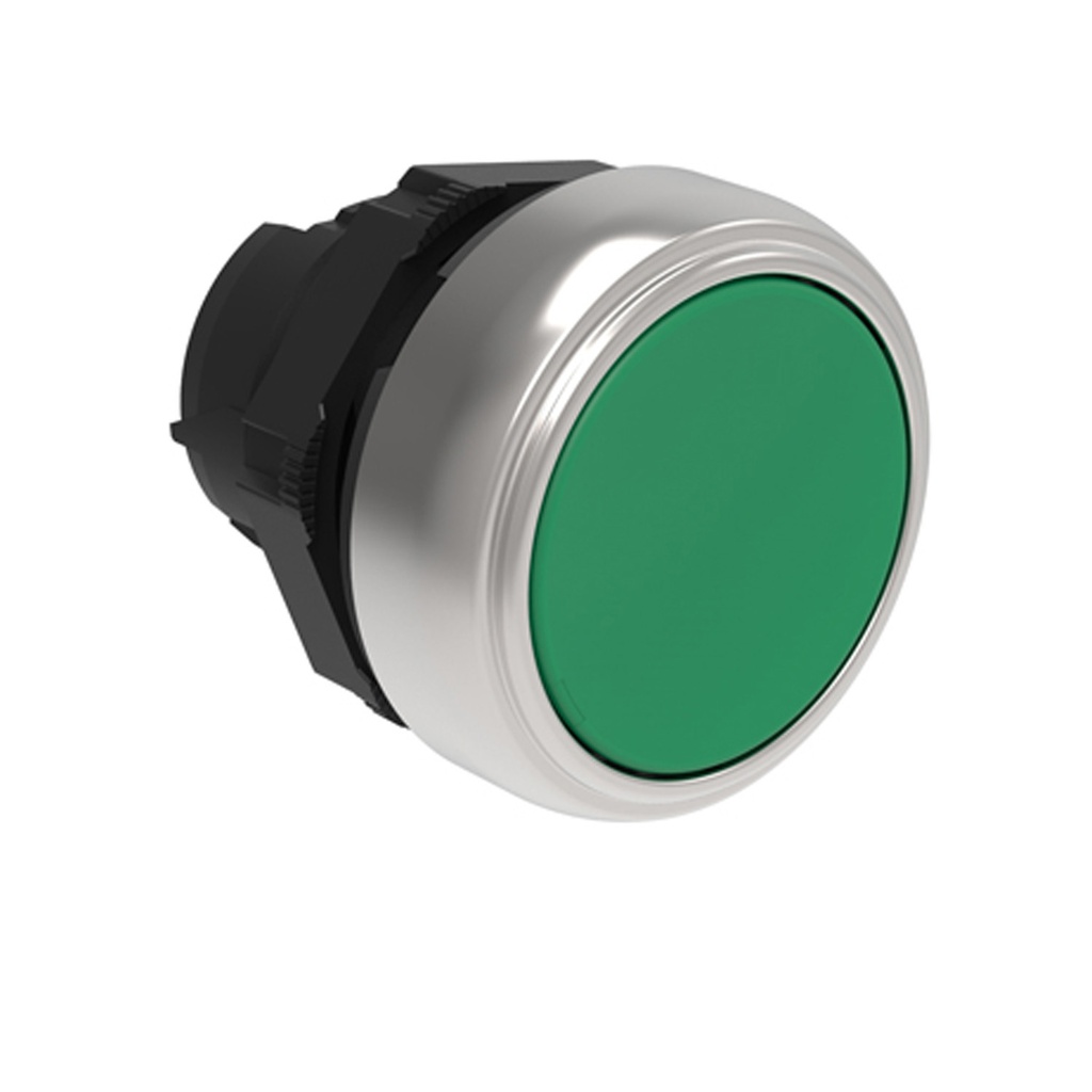 22mm Plastic Push Button, Momentary, Green, Flush