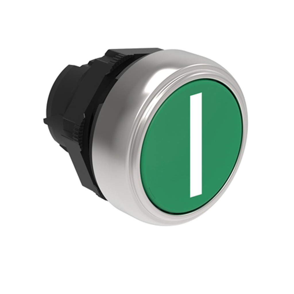 22mm Momentary ON Push Button, Green, Flush, Plastic, Symbol I.