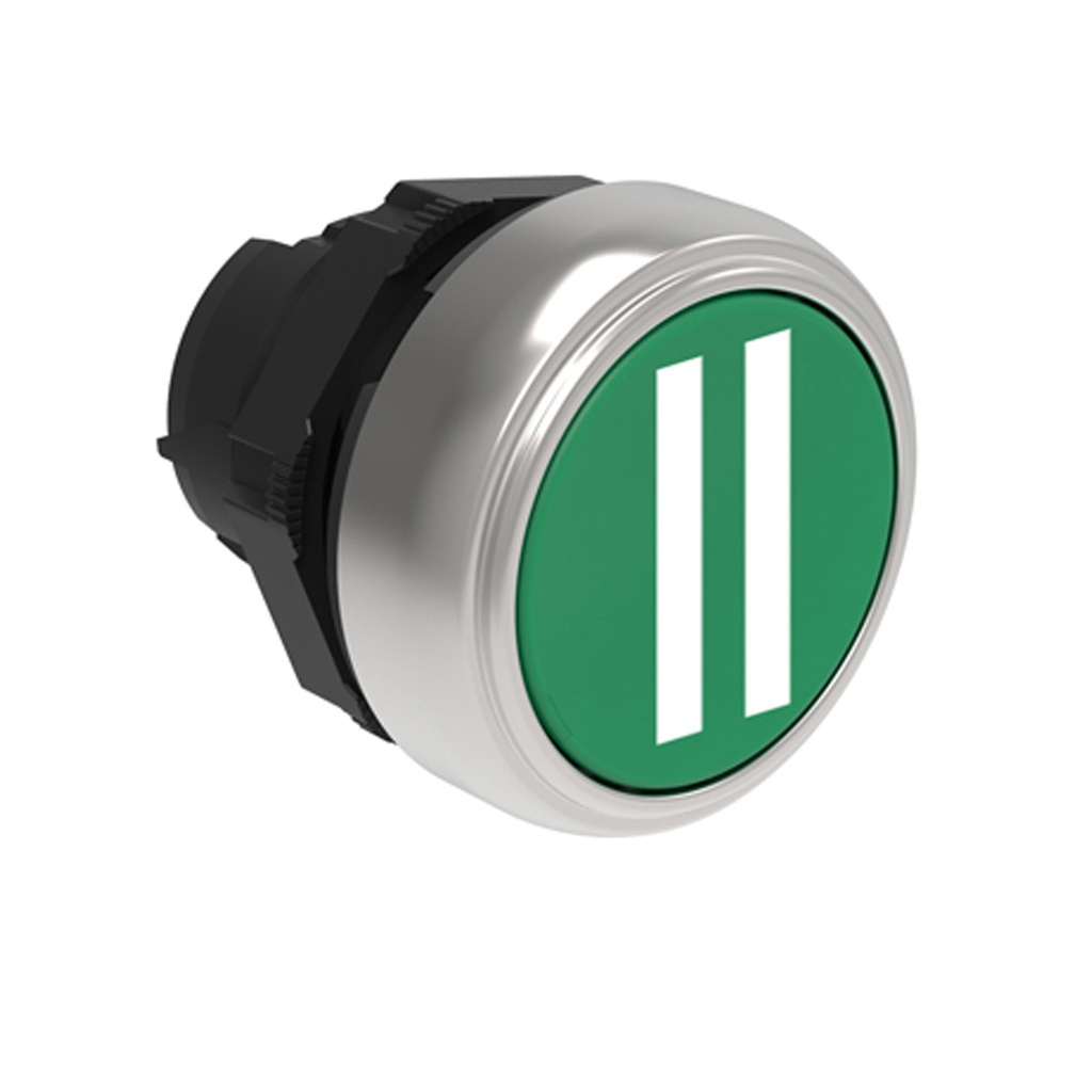 22mm Momentary PAUSE Push Button, Green, Flush, Symbol II.