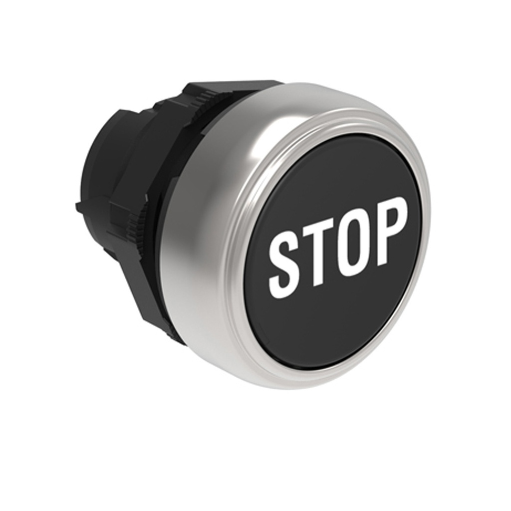 22mm Momentary STOP Push Button, Black, Flush, Plastic, Symbol STOP.