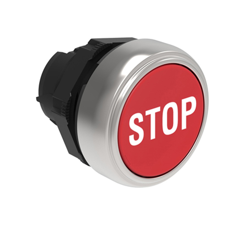 22mm Momentary STOP Push Button, Red, Flush, Plastic, Symbol STOP.