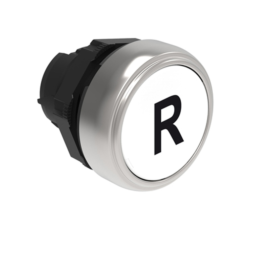 Momentary Push Button with RESET indication, R Symbol, White, Flush