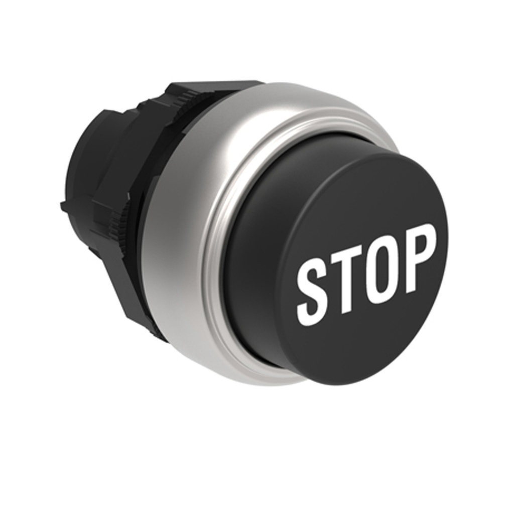 22mm Extended Black Push Button STOP Switch, Momentary, Flush