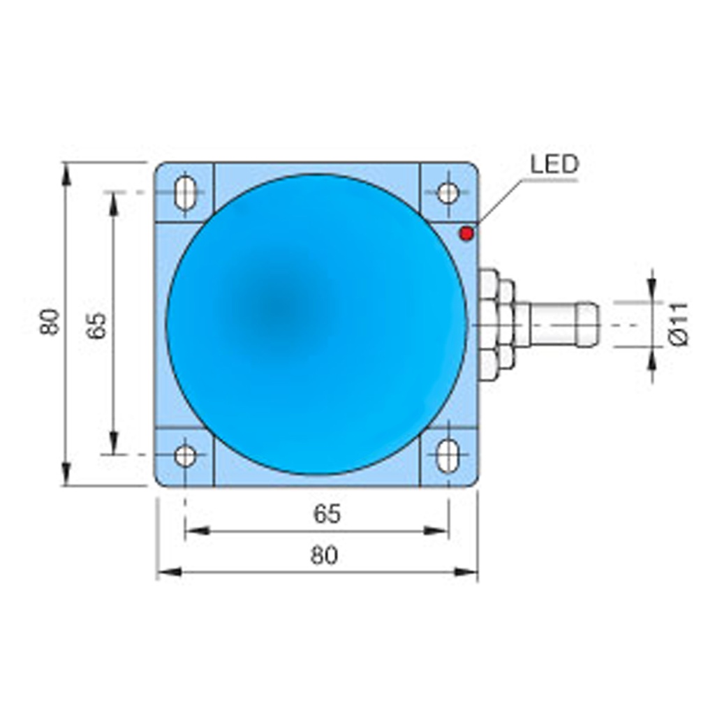 10-60mm Top Sensing inductive proximity sensor, Unshielded, 20-250 VAC, N.O., pre-wired with 2 meter cable, 80x80x50mm