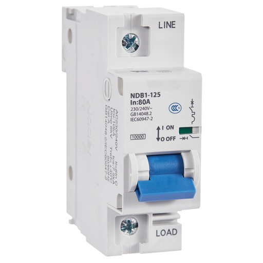 [NDB1-125C80-1] 80 Amp, 1 Pole, 240V AC, 60V DC, Trip Curve: C, DIN Rail Mount-Miniature Circuit Breaker, UL1077