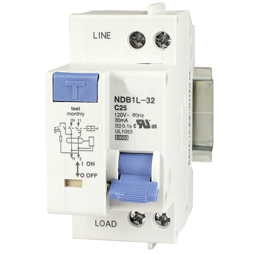 [NDB1L-32C-25-120V] 25 Amp GFCI Circuit Breaker 1P + N Pole, 120V AC, Trip Curve: C, 30mA Earth Leakage, DIN Rail Mount Miniature Circuit Breaker, 36mm Width, UL1053 Recognized