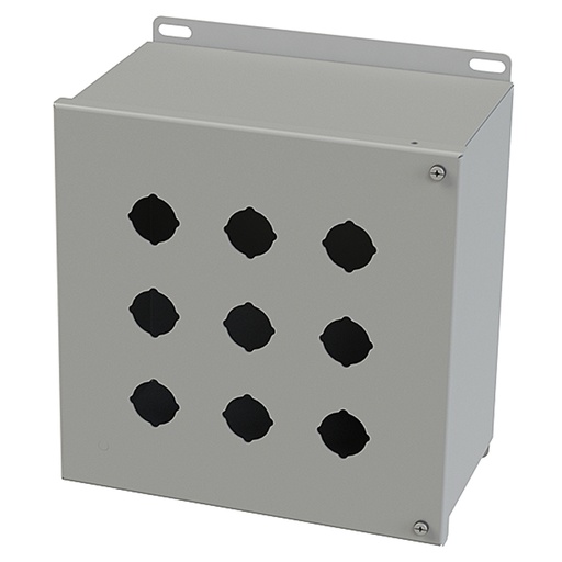 [SCE-9PBH] Push Button Enclosure, Hinged Cover, 30.5mm Hole, 9 Hole, Steel, Gray