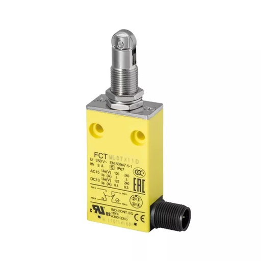 [FCTMV07-X11D] Roller Plunger Limit Switch, Slow Break, M12 Connector For Fast Cable Connections, FCTMV07X11D
