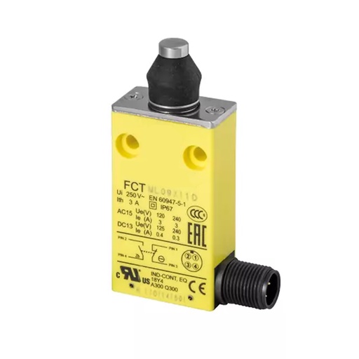 [FCTMV09-X11D] Plunger Limit Switch, Slow Break, 1 NC 1 NO, M12 Connector For Fast Cable Connections, FCTMV09X11D