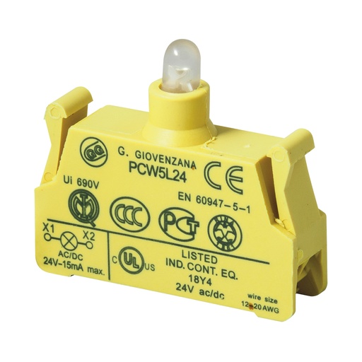 [PCW5L24] 24V Lamp holder With Built In LED For Use With 24V Illuminated Push Button Switch, Spring Terminal Connections