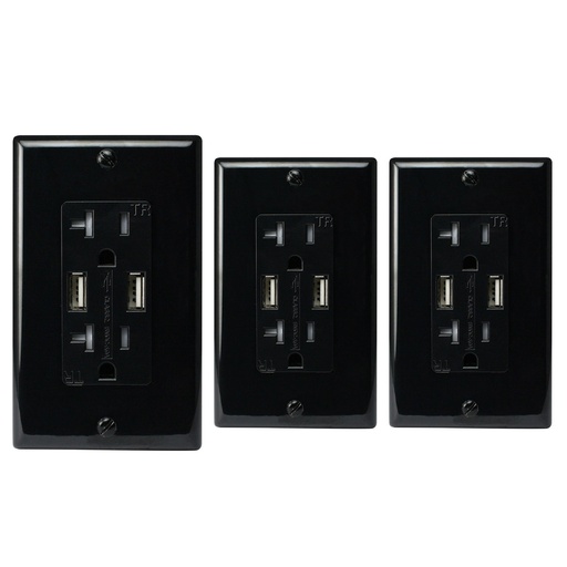 [ATUR3.4-20-03B] 20A Duplex Wall Outlet with 2 USB 3.4A Charging Ports, Black, Includes Wall Plate, (3-Pack)