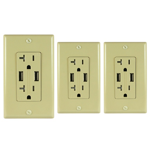 [ATUR3.4-20-03I] 20A Duplex Wall Outlet with 2 USB 3.4A Charging Ports, Ivory, Includes Wall Plate, (3-Pack)