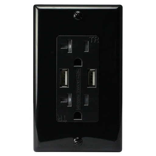 [ATUR3.4-20-B] 20A Duplex Wall Outlet with 2 USB 3.4A Charging Ports, Black, Includes Wall Plate