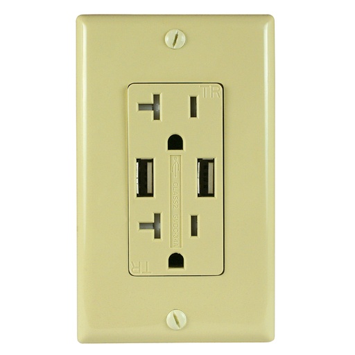 [ATUR3.4-20-I] 20A Duplex Wall Outlet with 2 USB 3.4A Charging Ports, Ivory, Includes Wall Plate