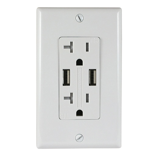 [ATUR3.4-20-W] 20A Duplex Wall Outlet with 2 USB 3.4A Charging Ports, White, Includes Wall Plate