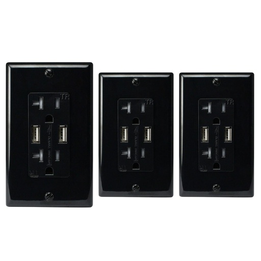 [ATUR5.0-20-03B] 20A Duplex Wall Outlet with 2 USB 5A Charging Ports, Black, Includes Wall Plate, (3-Pack)