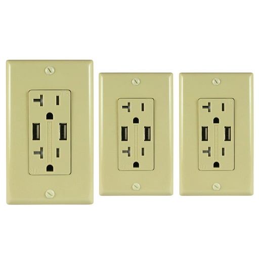 [ATUR5.0-20-03I] 20A Duplex Wall Outlet with 2 USB 5A Charging Ports, Ivory, Includes Wall Plate, (3-Pack)