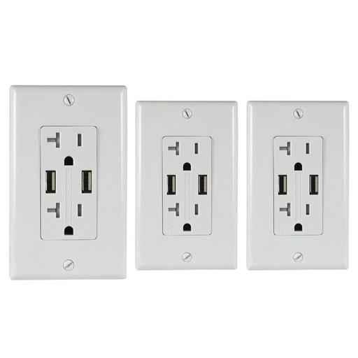 [ATUR5.0-20-03W] 20A Duplex Wall Outlet with 2 USB 5A Charging Ports, White, Includes Wall Plate, (3-Pack)