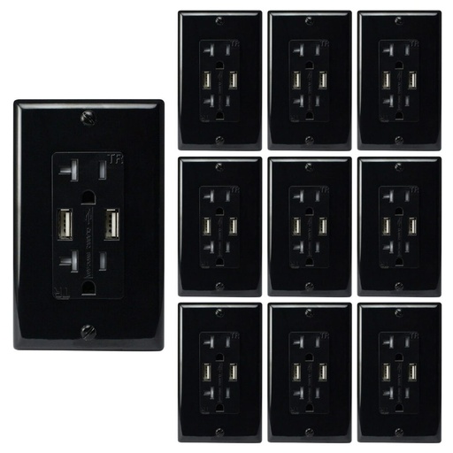 [ATUR5.0-20-10B] 20A Duplex Wall Outlet with 2 USB 5A Charging Ports, Black, Includes Wall Plate, (10-Pack)