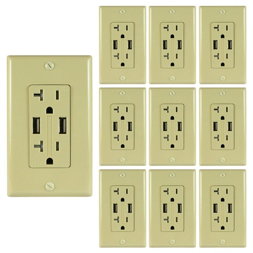 [ATUR5.0-20-10I] 20A Duplex Wall Outlet with 2 USB 5A Charging Ports, Ivory, Includes Wall Plate, (10-Pack)