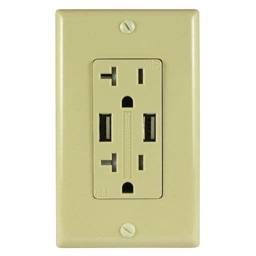 [ATUR5.0-20-I] 20A Duplex Wall Outlet with 2 USB 5A Charging Ports, Ivory, Includes Wall Plate