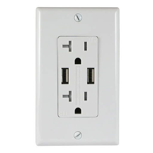 [ATUR5.0-20-W] 20A Duplex Wall Outlet with 2 USB 5A Charging Ports, White, Includes Wall Plate