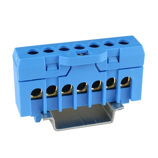 [QBLOK7001] Neutral Wire Bus Bar Terminal Strip, 8 AWG, 7 Connections, DIN Rail Mounted, Blue