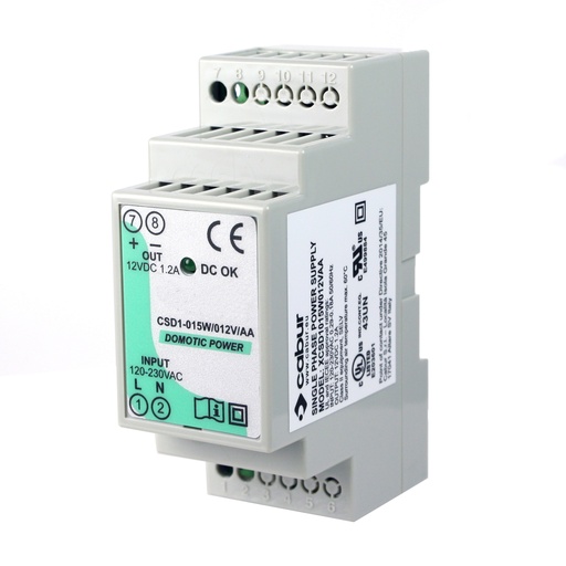 [XCSD1015W012VAA] 12V DC, 15W DIN Rail Power Supply, Compact, Low Profile, 120Vac Input, 12Vdc, 1.2A Output