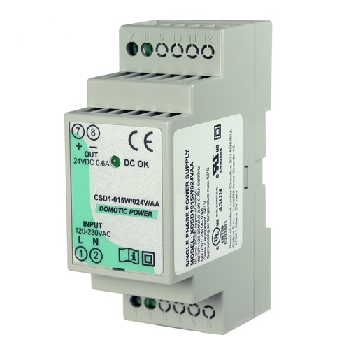 [XCSD1015W024VAA] 24V DC, 15W DIN Rail Power Supply, Compact, Low Profile, 120V AC Input, 24V DC, .6A Output