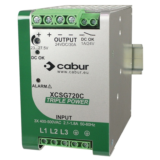 [XCSG720C] DIN Rail Mount Power Supply, Three Phase, Output 24Vdc, 30A, 720W, Input 400-500Vac.