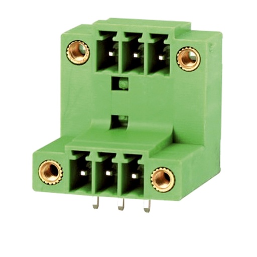 [ASIWJ15EDGRTM-3.81-4P] 3.81 mm Pitch Printed Circuit Board (PCB) Terminal Block Double Level Header, 4 Position, Offset Top To Bottom, With Screw Locks