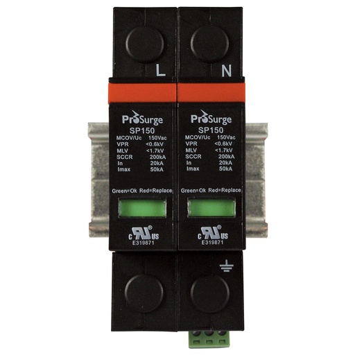 [ASISP150-2P] 120V AC DIN Rail Mounted Surge Protection Device, 2 Pole SPD, 20kA Nominal Discharge, 50kA Surge, 200KArms SCCR Ratings