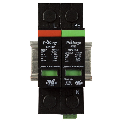 [ASISP180-PN] 2 pole, including base and pluggable MOV and GDT surge protector modules with visual indication, DIN rail mount, UL1449 4th Edition, 120 V AC