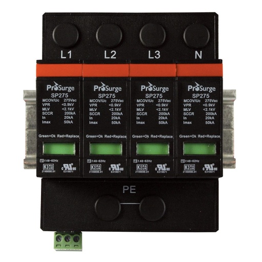 [ASISP275A-4P-S] Four pole, including base and pluggable surge protector module with visual indication, DIN rail mount, UL1449 4th Edition, 415/240 V AC, MCOV 275 V AC