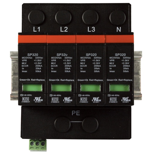 [ASISP320-4P] Four pole, including base and pluggable surge protector module with visual indication, DIN rail mount, UL1449 4th Edition, 415Y/240V AC, MCOV 385 V AC