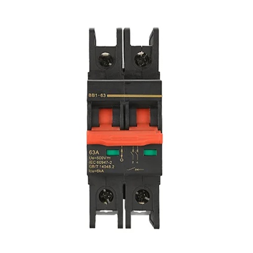 [BB1-63-MF-2P-2A-600V] 2 Amp, 2 Pole DC Miniature Circuit Breaker, 600V, B Trip Curve, UL489B